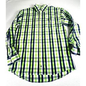 FX Fusion Mens Lime Green Navy Blue Plaid Button Down Shirt Size M Long Sleeve